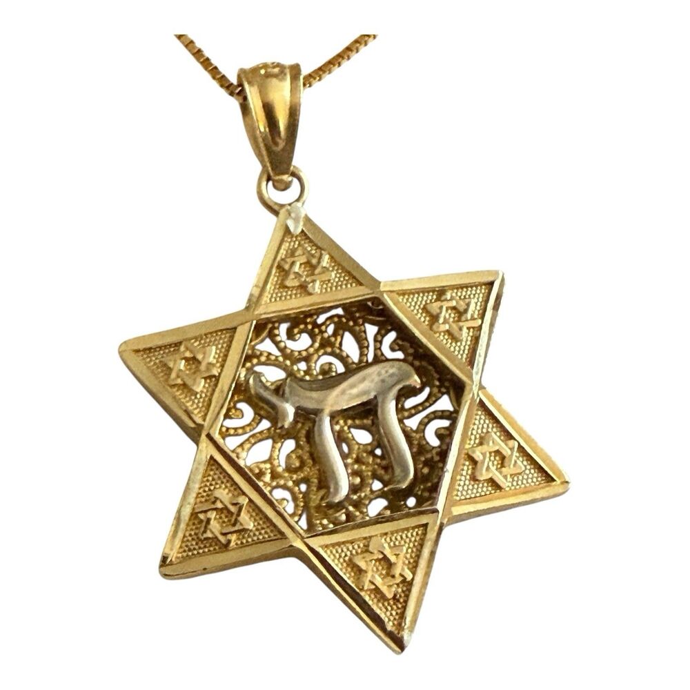 Star of David Chai Star Pendant & Midas Box Chain 14K Gold 18” Stamped OR Turkey